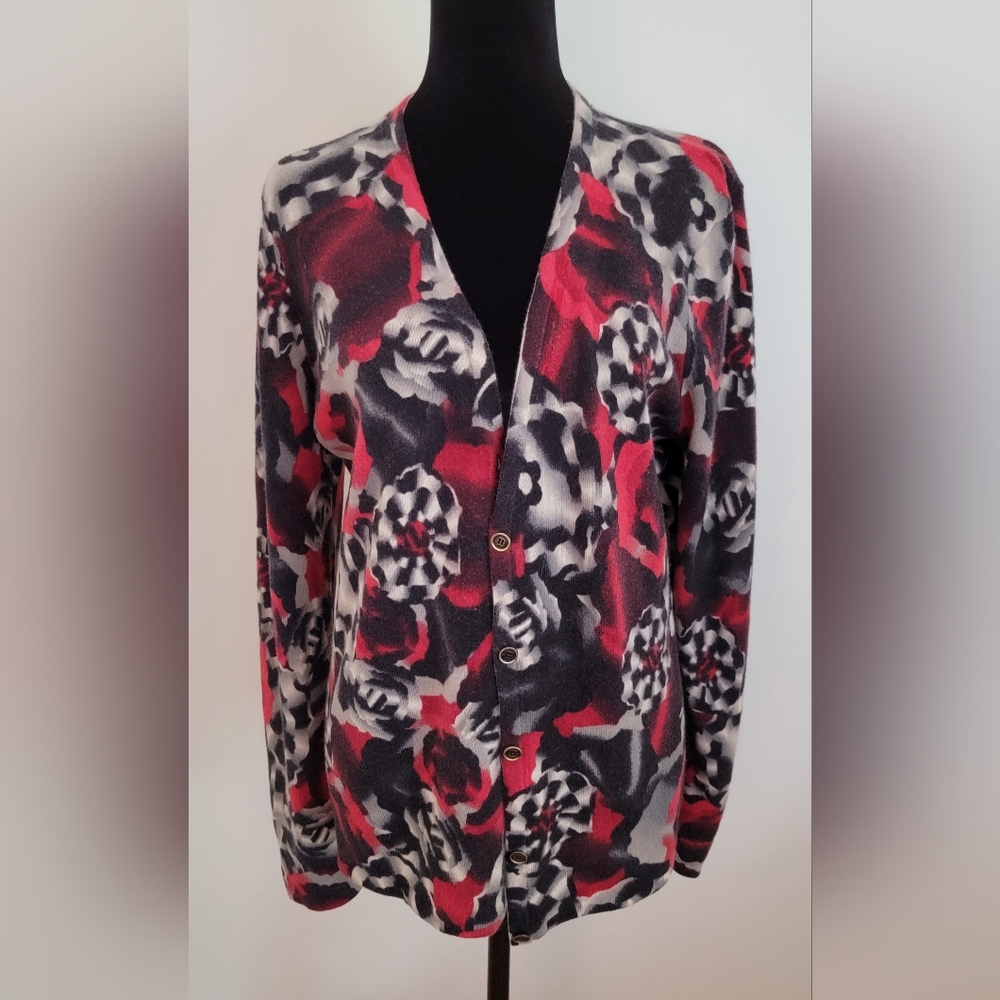 Anne Klein 100% cashmere black & red v-neck   long sleeve cardigan Sz L.